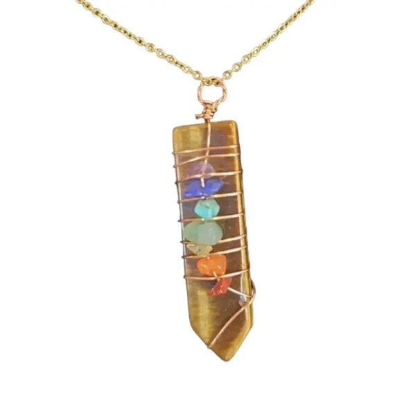 Large Cats Eye Wire Wrapped Chakra Necklace - Picture 1 of 7